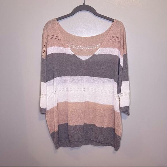 NWOT Amazon V Neck Colorblock Pink, White, Grey Striped Eyelet 3/4 Sleeve XL - Picture 1 of 6